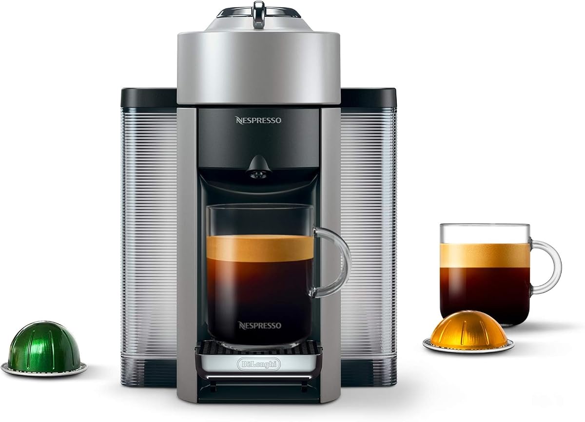 Cafetera y espresso Nespresso Vertuo de De'Longhi, plateada | Cafetera plateada. Prepara 4 tamaños de tazas con extracción Centrifusion para café y espresso de calidad barista en casa.