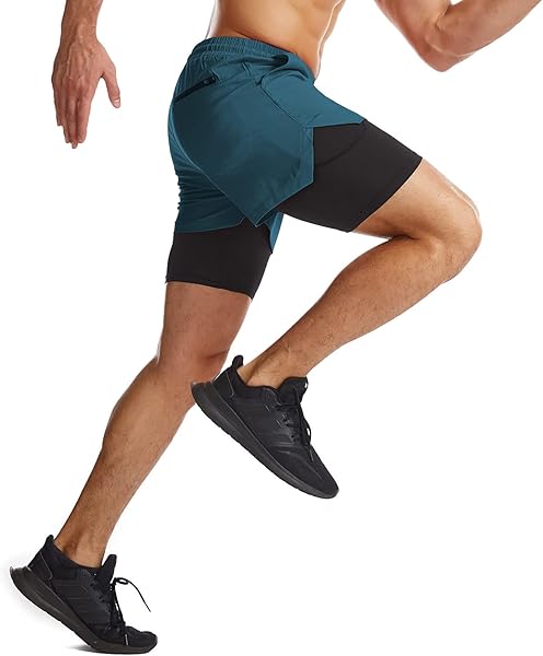 Short de Sport 2 en 1 Respirant pour Homme avec Poches Sport Séchage Rapide Leggings de Sport avec Poche Base Layer Stretch - 2