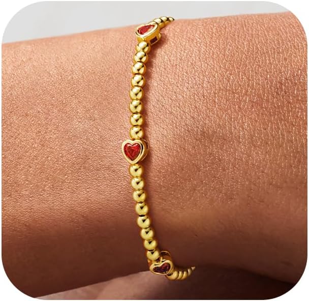 M MOOHAM Heart Birthstone Bracelet for Women - Dainty 14K-Gold-Plated Heart CZ Birthstone Bracelets Stretch Beaded Trendy Jewelry Bracelet Birthday Gifts for Women