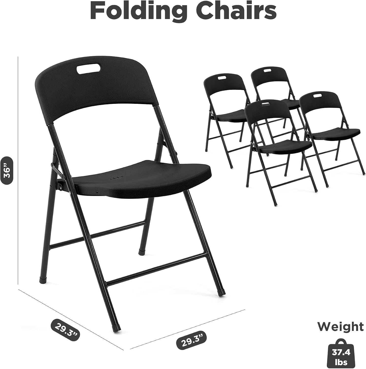 Creative Outdoor 4 Portable Plastic Folding Chairs, Sturdy Design, Indoor/Outdoor Events, Perfect for Camping/Picnic/Tailgating/Party (Black Set of 4 Chairs)