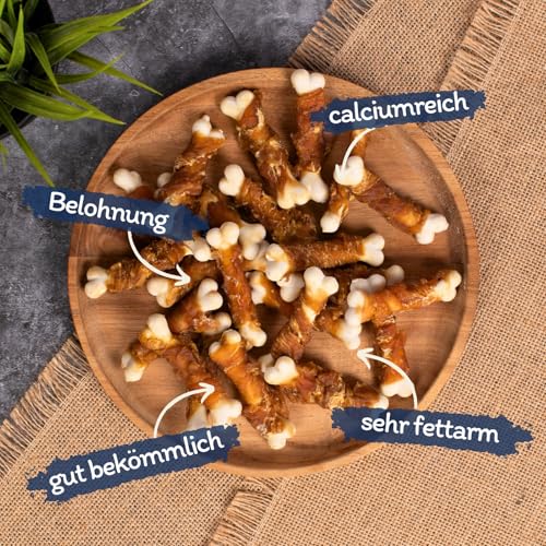 Lyra Pet® 1 kg Calciumknochen mit Hühnerbruststreifen | Kausnack vom Huhn | Leckerli für alle Hunde | Fettarmes Hundefutter | Idealer Belohnungs- und Trainingssnack | Wiederverschließbar