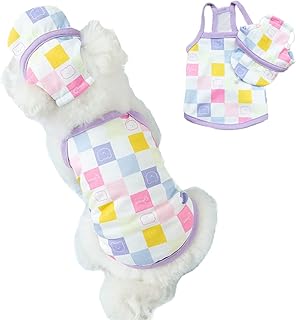 Garden Miller Spring/Summer Dog Checkerboard Hat Clothing Set,Two Legged Macaron Suspender Hat Set,Cute Vest for Small and Medium-Sized Pets_XS(Purple)