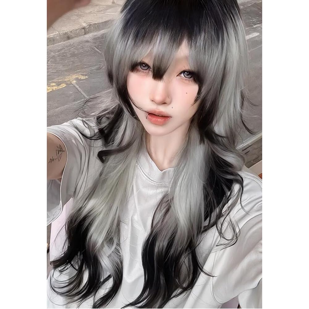 Women's Long Curly Wig - Black & White Mix, Heat Resistant, Natural Looking, Perfect for Daily Wear & Parties