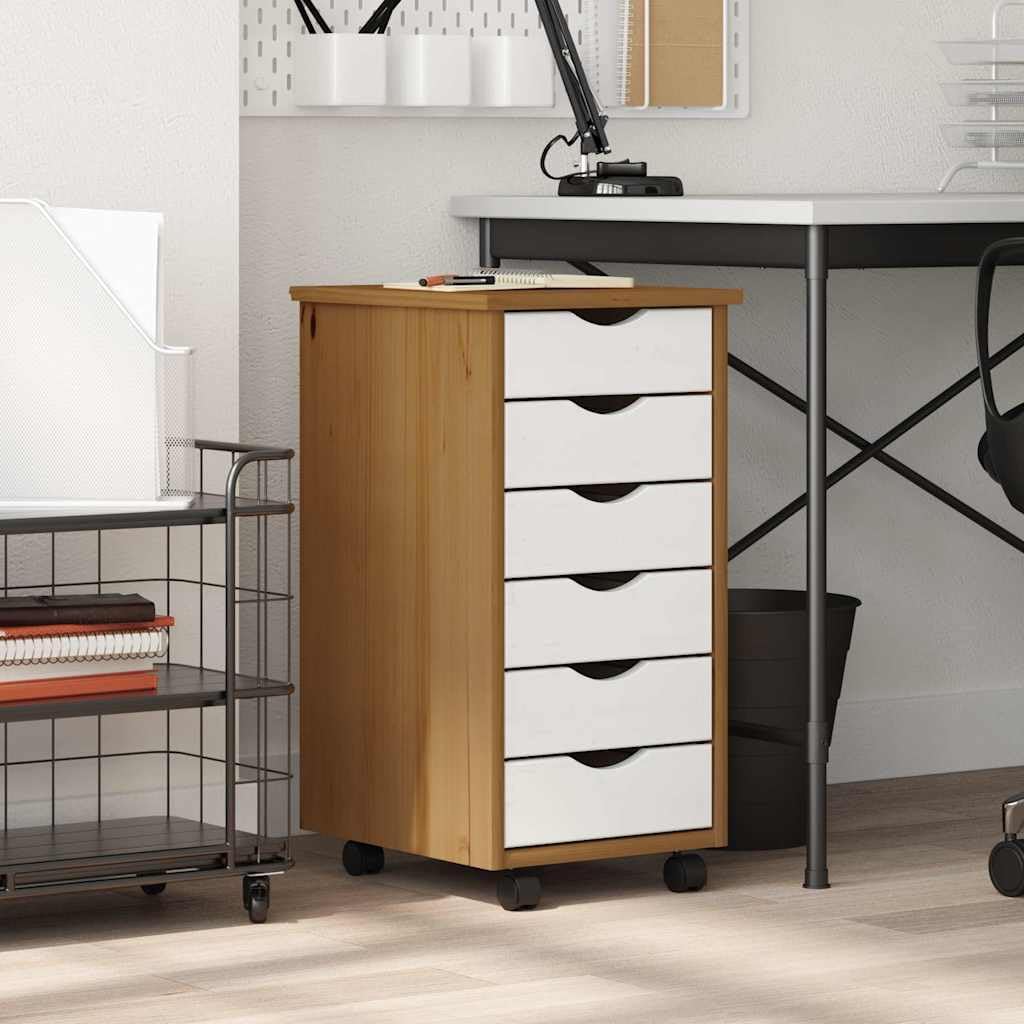 Rollschrank mit Schubladen Moss Honigbraun Massivholz Kiefer, Büroorganisation mit flexiblen Rollen und Griffmulden, Aktenschrank für Dokumente, vielseitiger Beistellschrank