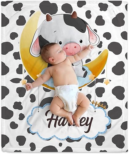 Miniatura 3 de Hyturtle Manta personalizada con estampado de vaca con nombre, mantas de bebé personalizadas para niños y niñas con estampado de vaca blanca y
