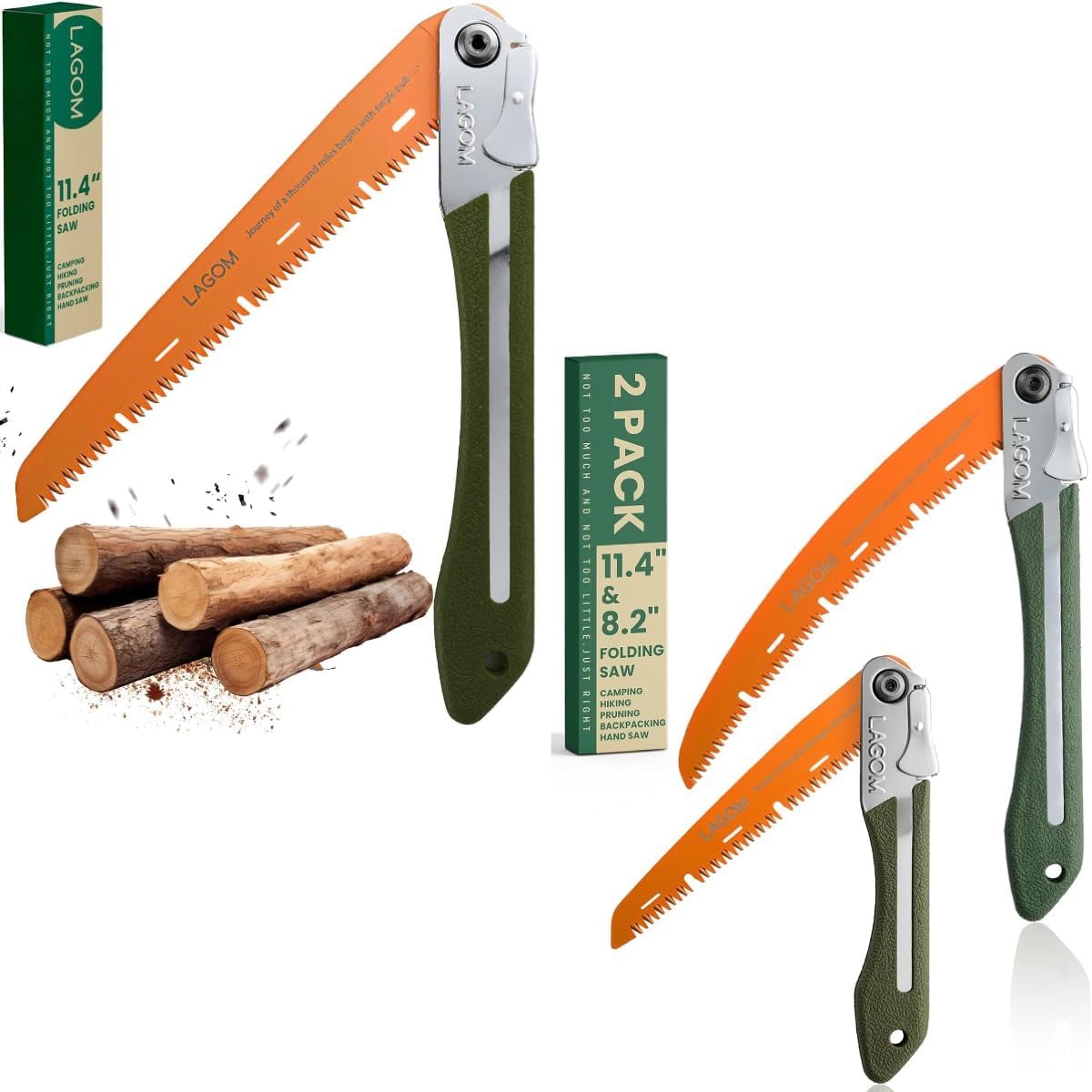 LAGOM Folding Saw 3 Pack: 8.2" Straight + 11.4" Curved + 11.4" Straight
