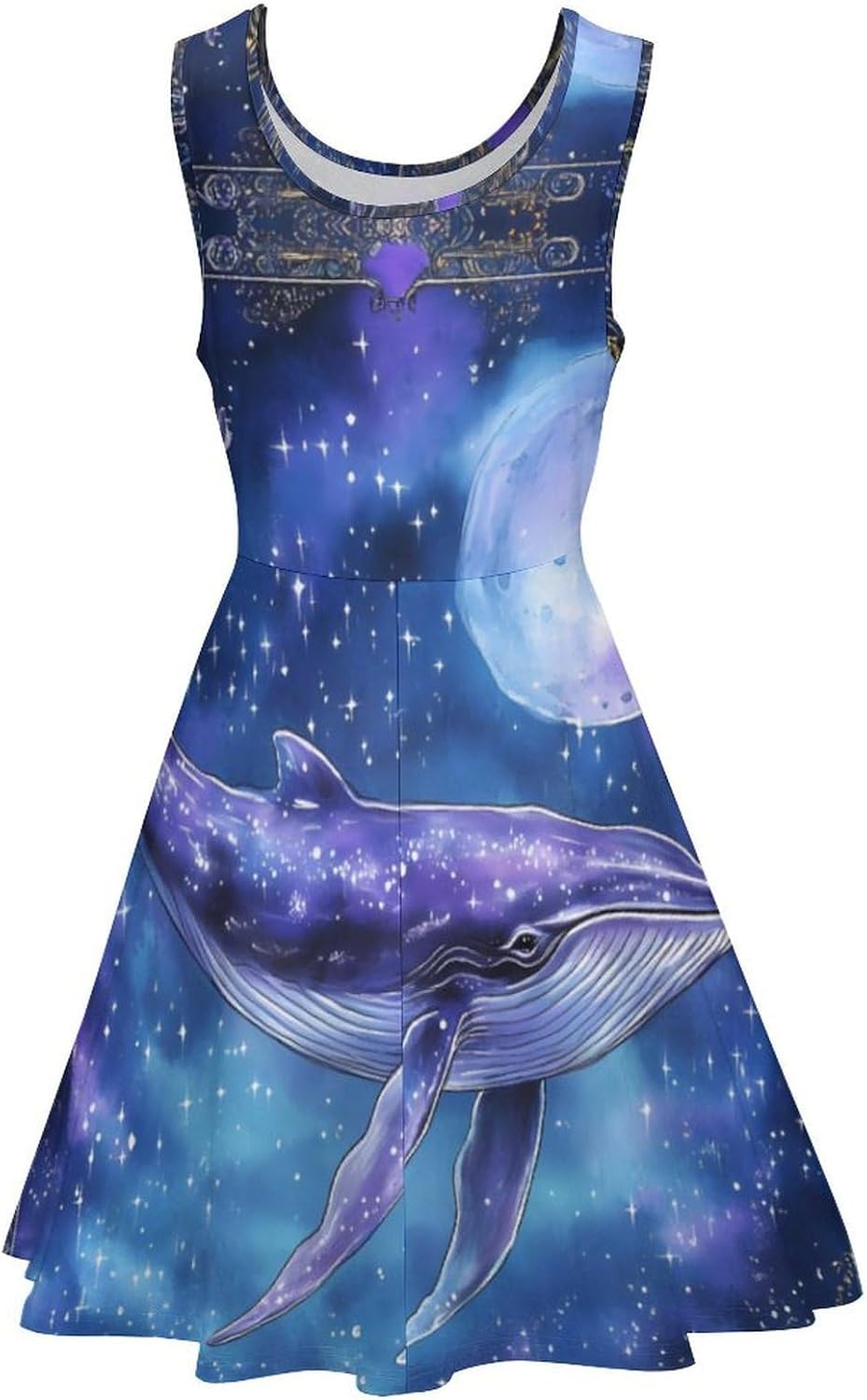 Humpback Whale Moon Print Women's Dresses Round Neck Dress Sleeveless Tank Dress Ruffle Hem Sundress