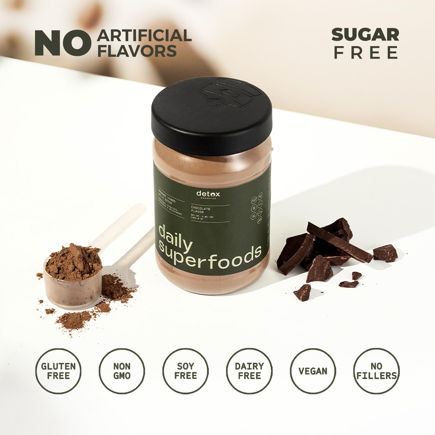 Greens Superfood Powder - Chocolate Flavor to Cleanse & Detox - Smoothie Mix Supplement with Organic Digestive Enzymes, Immune Support, Bloating Relief, Vegan, Low-Carb 30 Servings - by Detox Organics