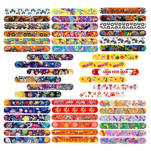 Slap Bracelets Party Favors 48Pcs Slap Bracelets Bulk Party Snap Bracelets Gifts for kids Butterflies,Space multi-themed School Classroom Prizes Exchange (B:Space,Trucks,Fire trucks,Roller skates)