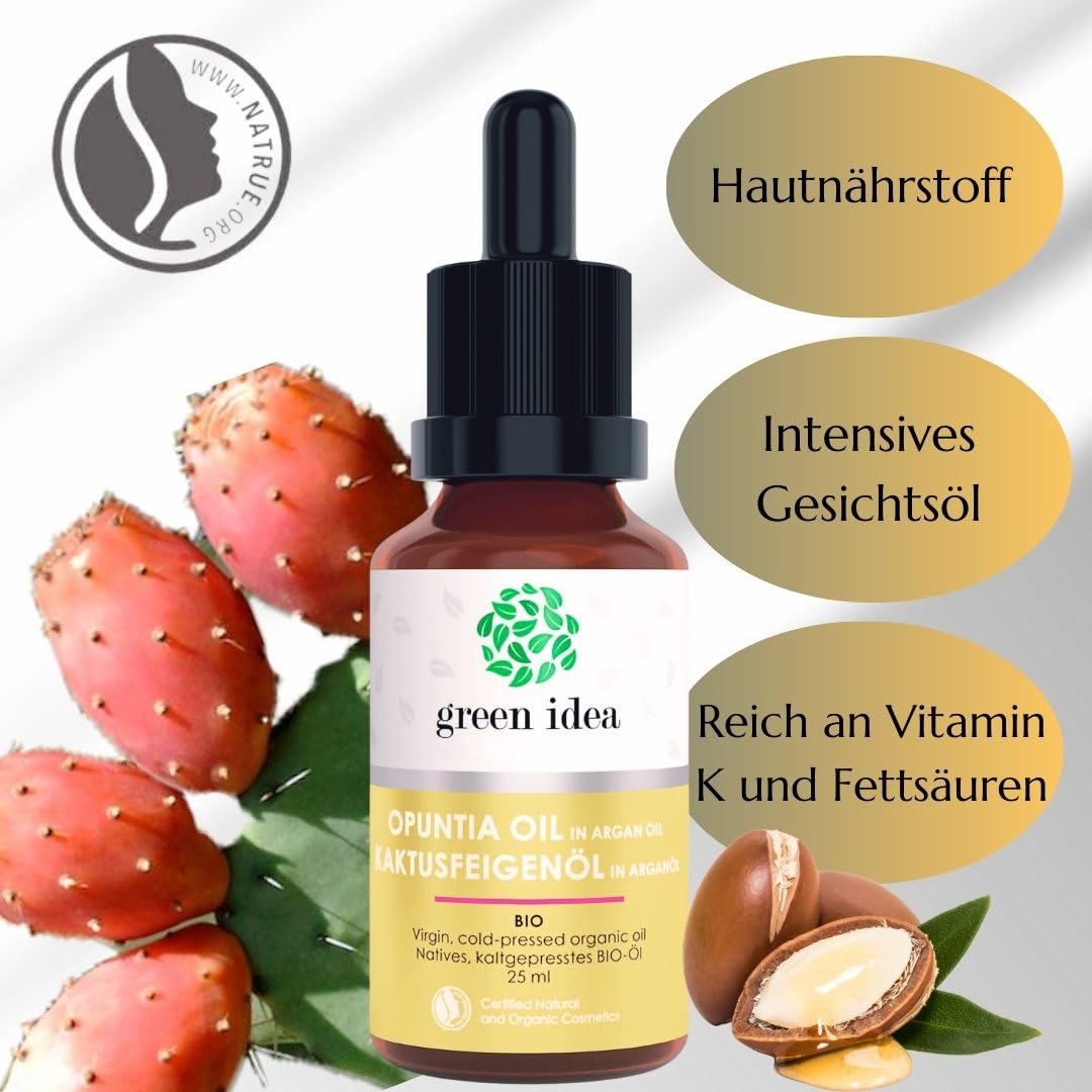 Green idea - Kaktusfeigenkernöl Bio Kaltgepresst mit Arganöl - Natürliches Anti-Aging-Gesichtsöl und Haaröl - Feuchtigkeit für Gesicht mit Antioxidativem Schutz - Gegen Augenringe - NaTrue 25 ml