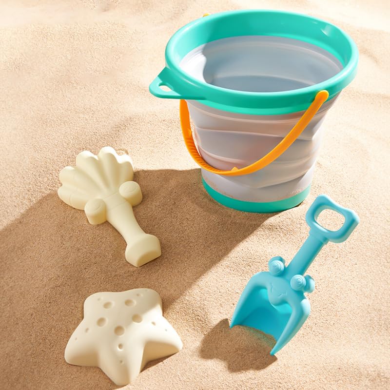 TLHWIN Robuste Strandspielzeug-Set，Sandspielzeug Set für Kinder, Faltbarer Silikon-Eimer mit Schaufeln und Muschelförmiger Sandform. (Blue)