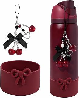 Black Cherry Charm Bow Silicone Boot Set for Owala 24/30/32/40 oz | Black cherry charm & bow silicone boot accessories set for Owala 24/30/32/40 oz. Cute decor with bottle protection.