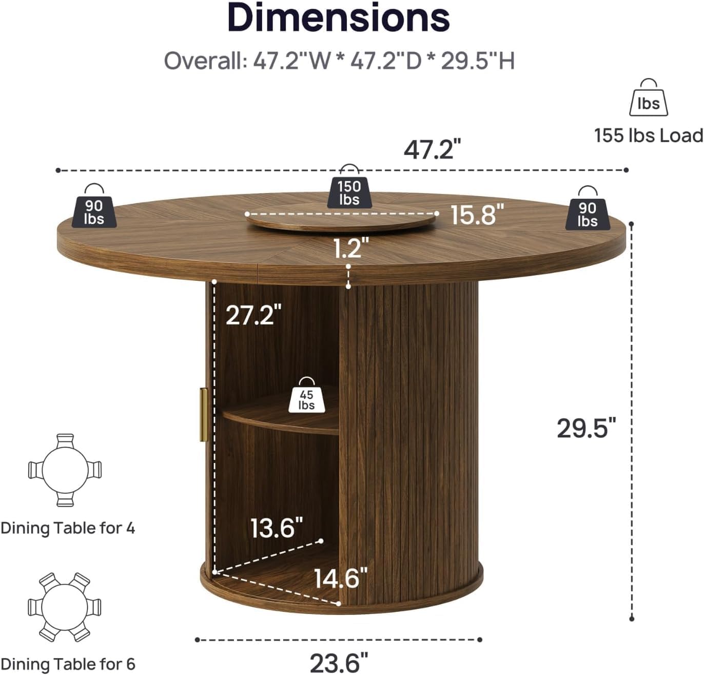 47" Round Dining Table for 6 with Storage (Table Only), Brown