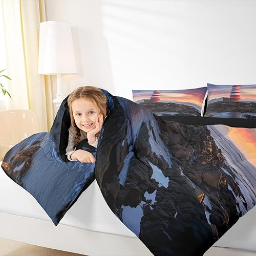 Miniatura 6 de Erosebridal Lighthouse - Juego de edredón de playa costera, tamaño Queen, juego de edredón de temática náutica, juegos de edredón de nubes rosas,