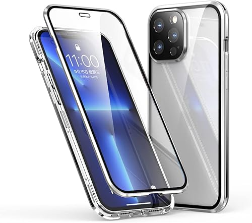 Funda magnética para iPhone 13 Pro CeeEee Original Transparente Doble Cristal Templado Cubierta con Protector de Pantalla Cámara - Plata