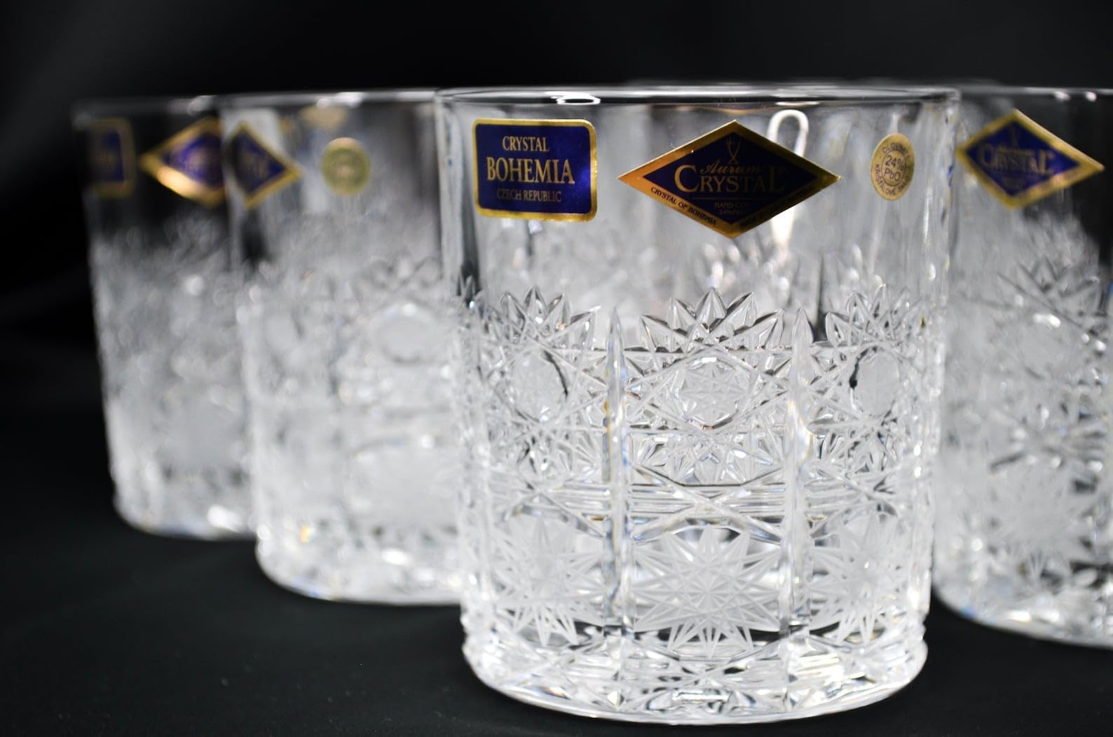 CZECH Bohemian Crystal Glass Whiskey Glasses 10oz./300ml. Set of 6 Hand Cut Iris Vintage Design Heavy Base Old Fashioned Style Vodka Brandy Rum Cognac Birthday Wedding Housewarming Anniversary