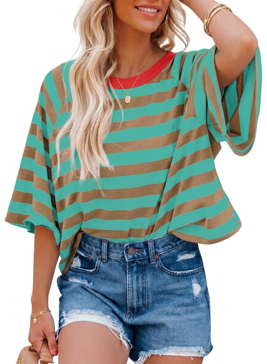Chicrise T-Shirt Women's Summer Oversize Striped Tops Short Crew Neck Casual Short Sleeve Top, Green / brown, L