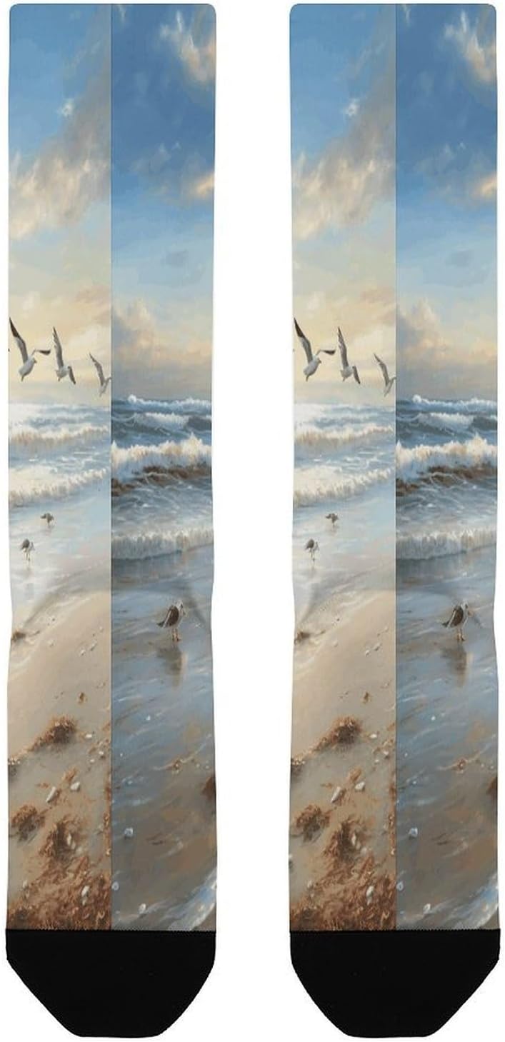 The Beach with Sea Birds Mid-Calf Socks Women Warm Knee High Socks Cozy Hiking Skiing Soft Boot Mid Calf Stocking Unisex