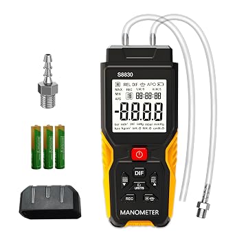 Digital Manometer T9-S8830, Dual-Port Gas Pressure Tester  36.8 KPa, 12 Selectable Units, Handheld HVAC Differential Pressure Gauge with 99 Groups Data Stores, Backlight Display