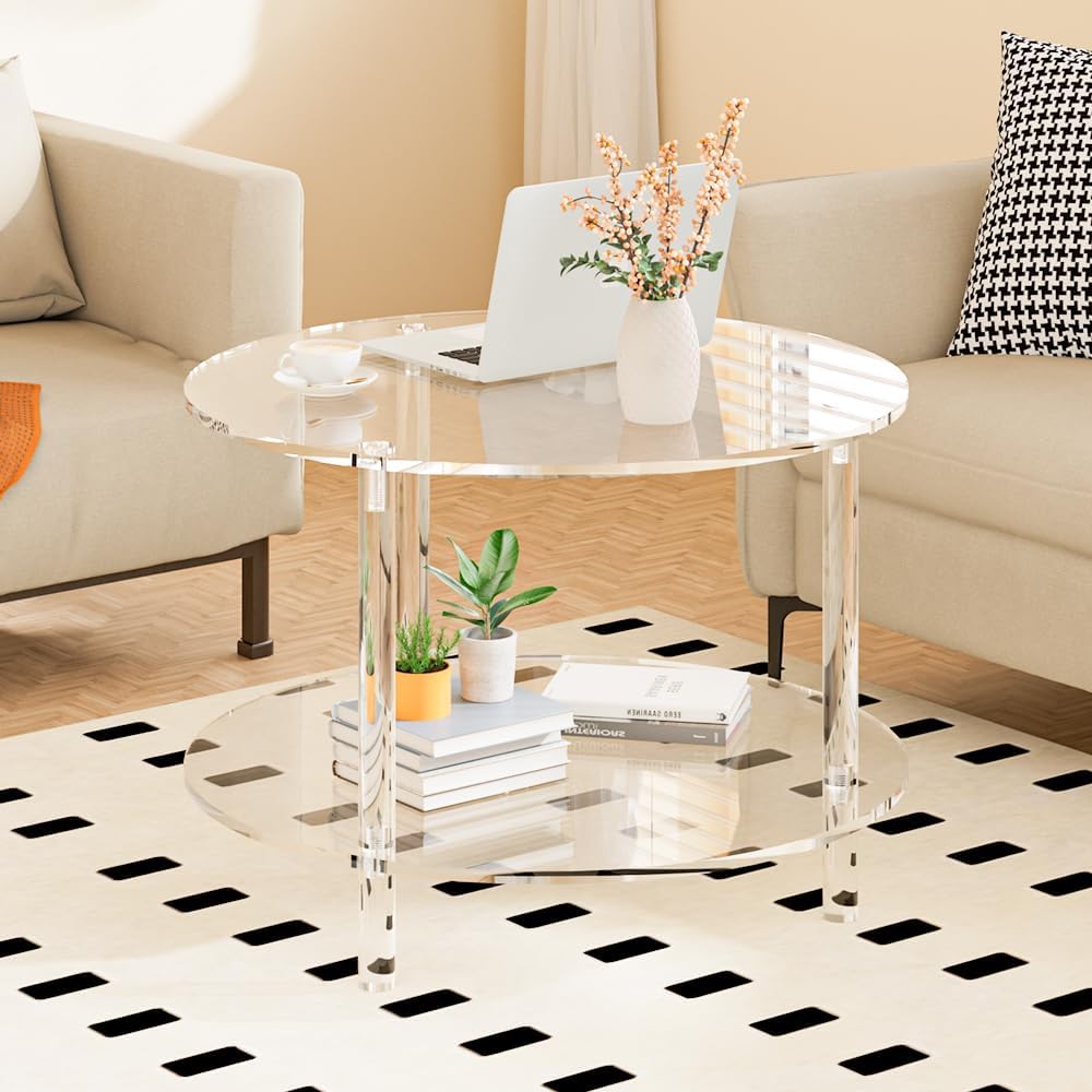 2 Tier Acrylic Round Coffee Table, Clear Acrylic End Table, Modern Lucite Coffee Table for Living Room, 23.6" L x 23.6" W x 16.5" H