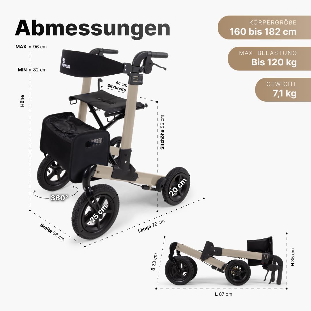 Luxo Air Rollator - Leicht & 2-fach faltbar – Mit Luftreifen, integriertem Bremssystem, gepolsterter Sitz- und Rückenlehne, Tasche, Stockhalter - 7,1 kg - Gehhilfe für Senioren - Champagner