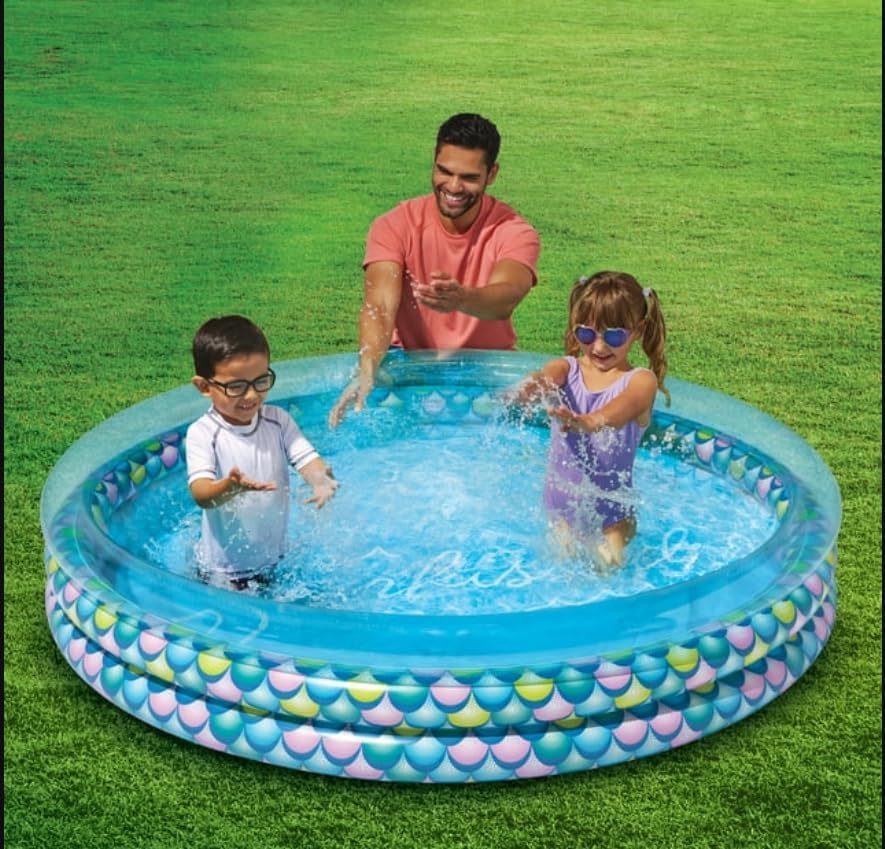 Inflatable Kiddie Pool with Mermaid Scale Design, Round Shape, Blue and Pink, Outdoor Water Play, for Ages 2 and Up