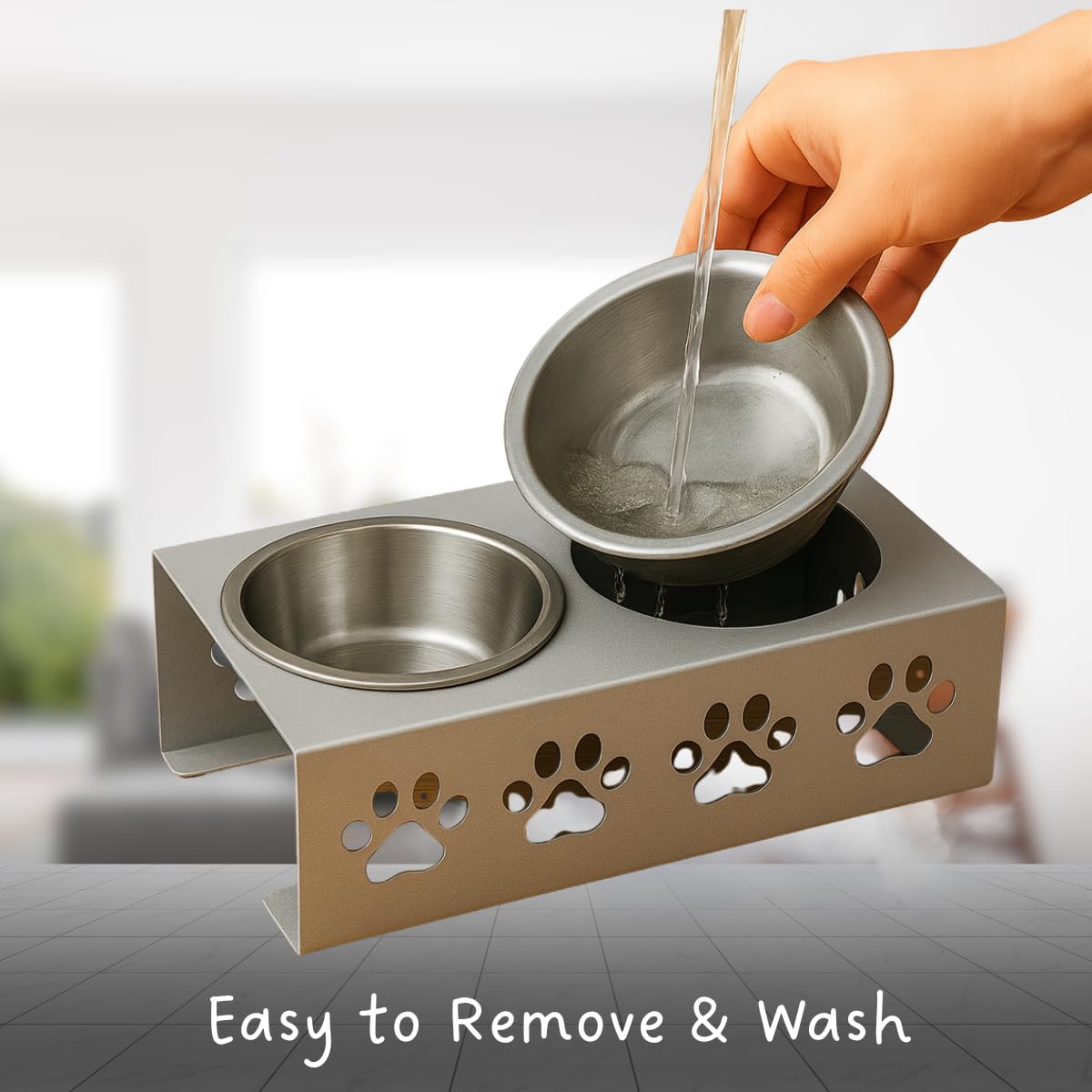 Metal Silver Stylish Dog Bowl Stand | 2 Stainless Steel Bowls for Raised Dogs & Cats | Elevated Dog Food Removable Bowls | Pet Feeder & Water Dispenser for All Breeds Paw Design (Set of 2 Each 400ml) 3