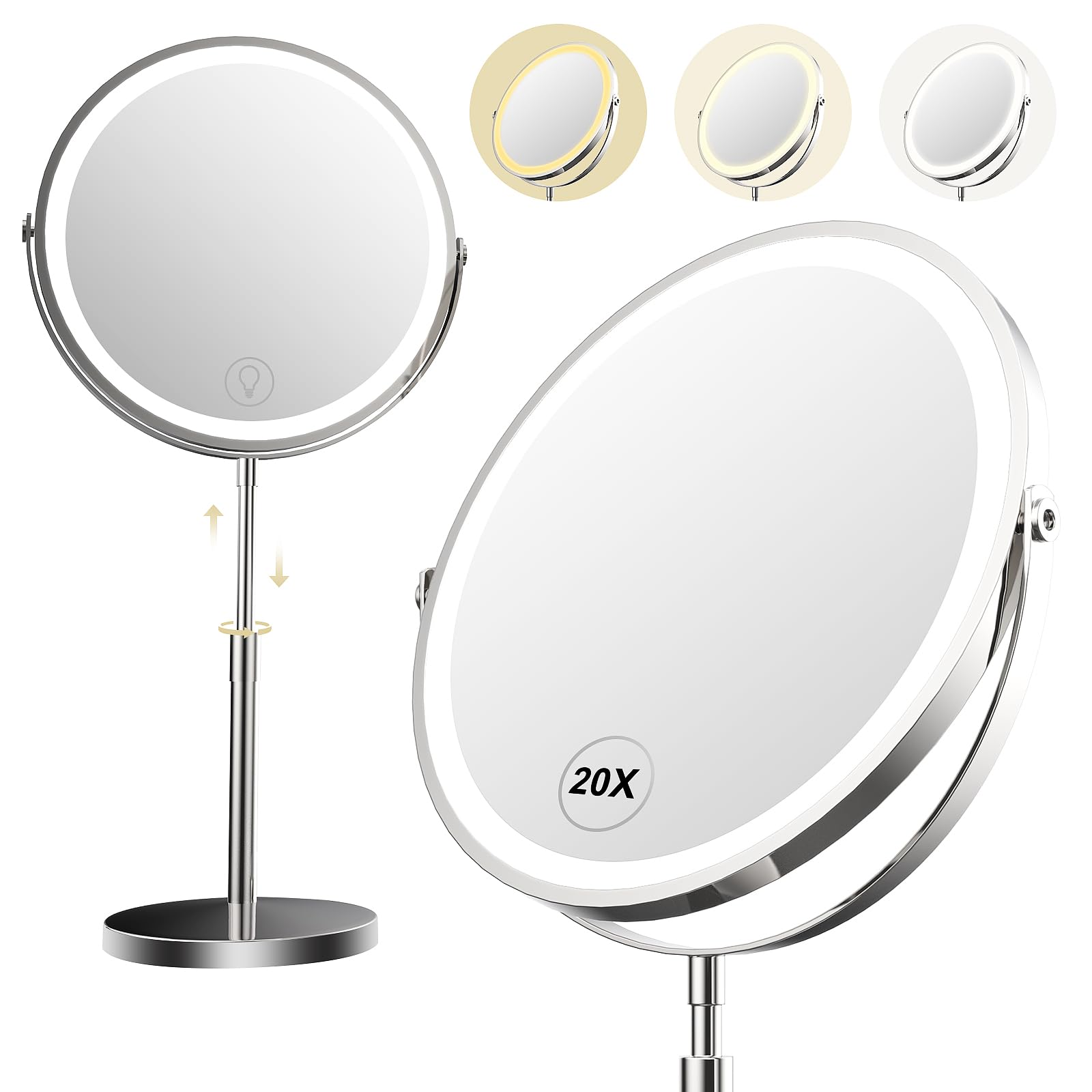 9" Makeup Mirror with Lights, 1x/20x360° Rotation Vanity Mirror, 5000mAh Rechargeable Double Sided Mirror with 3 Colors, Brightness Adjustable Lighted Makeup Mirror with Magnification, Women Gift