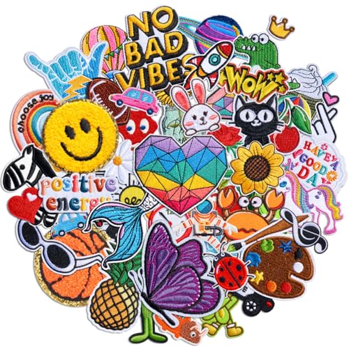 Solasocool Embroidered Iron on Patches Applique 70pcs Assorted Styles Iron on/Sew on Patch for Clothes Hats Backpacks Fabric Cute Embroidery Patches for Clothing Jeans Jackets DIY Accessories