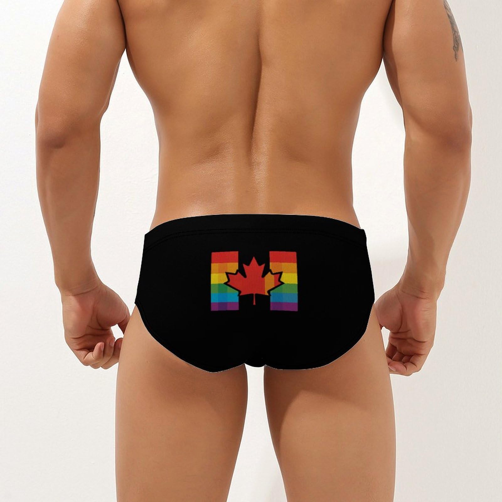 LGBTQ Rainbow Flag of Canada Canadian Gay Proud Mens Swim Briefs Quick Dry Swim Trunk Bikini Underwear Swimsuit L