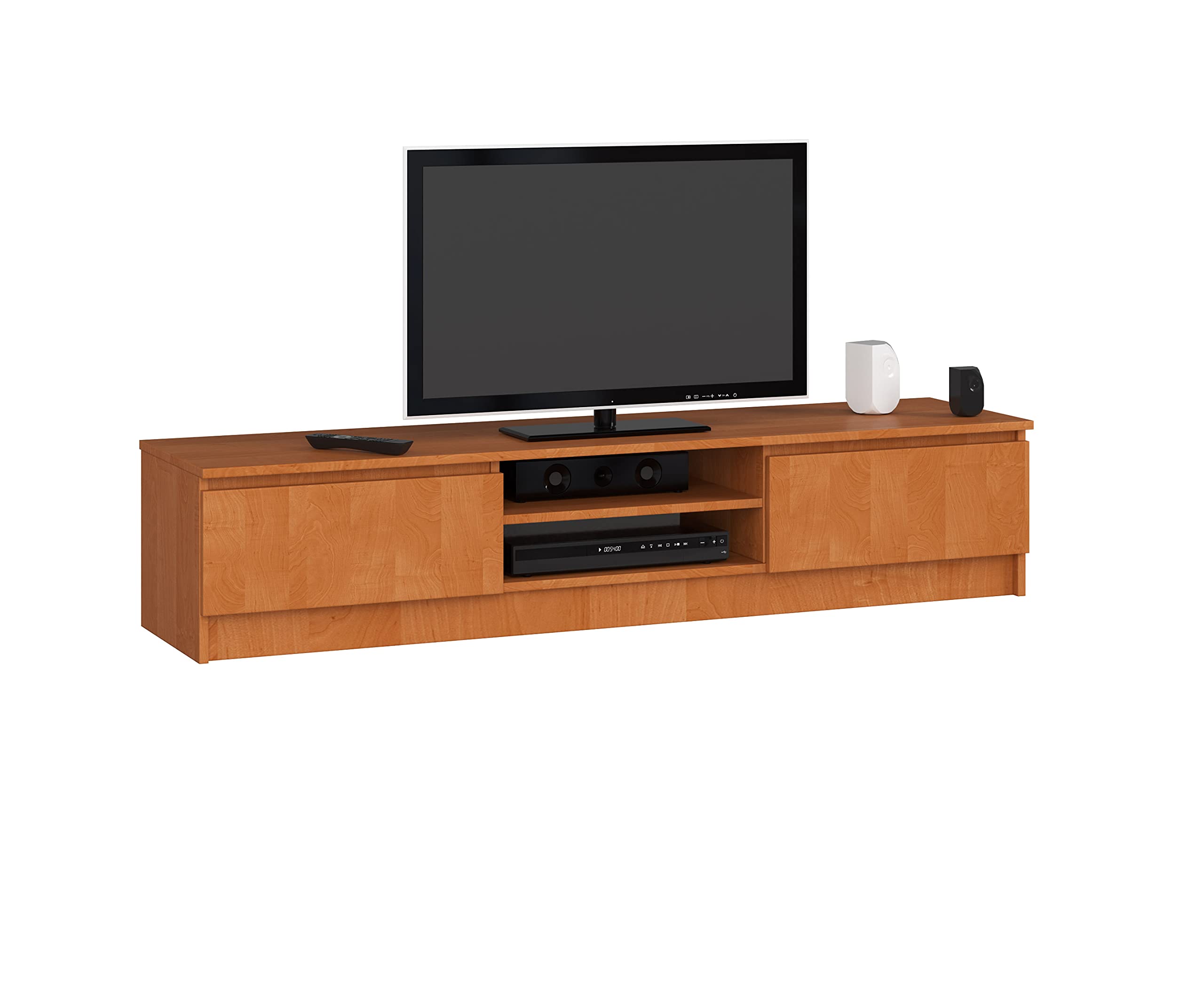 AKORD | Mobile per TV in Legno K 140 | Mobiletto Porta Televisione Soggiorno | un ripiano aperto | 2 Ripiani con Ante a Battente a Sinistra e a Destra | 33x160x40 cm | Peso 30 kg | Ontano