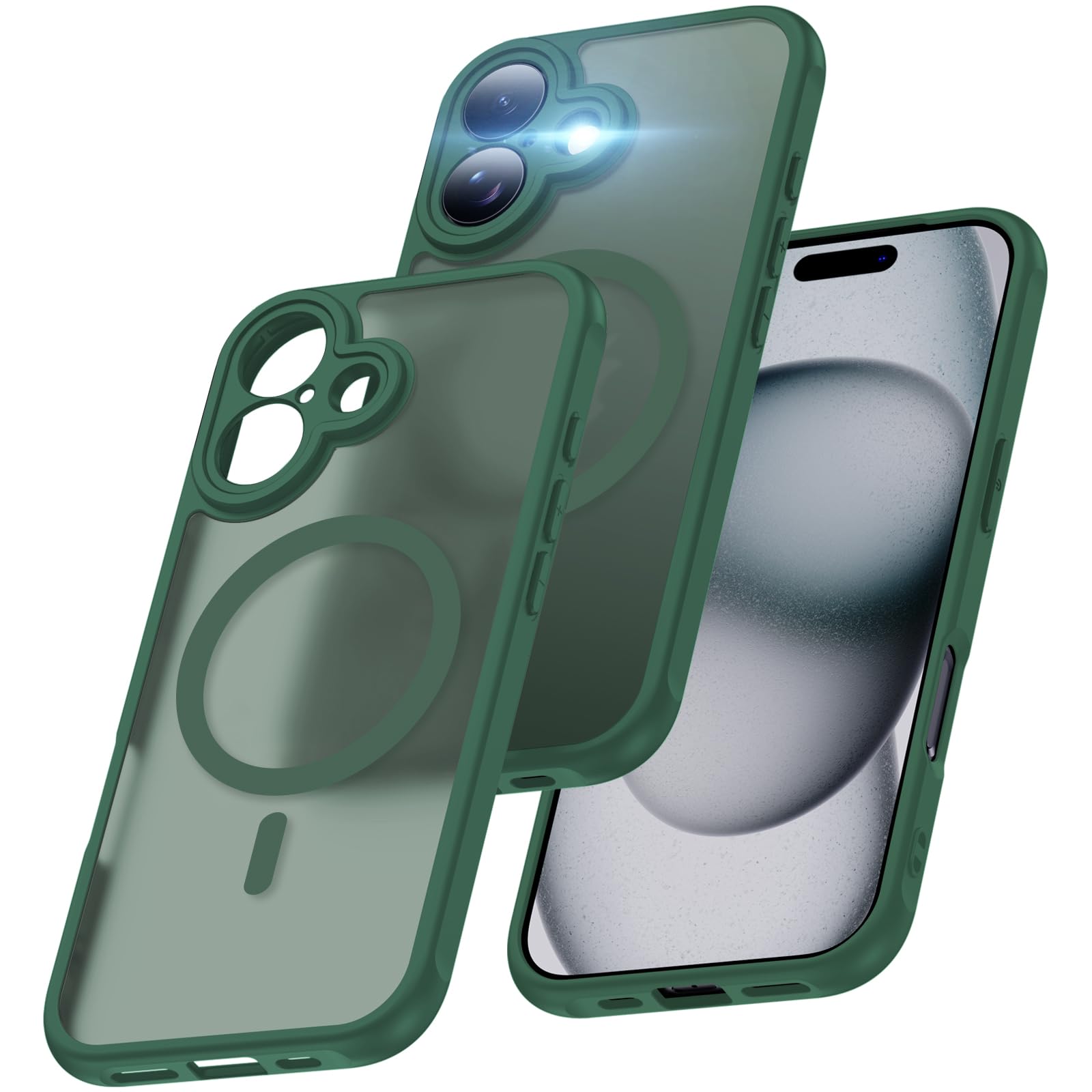 Aunote iPhone 17 ケース Magsafe対応 カメラ保護 米軍MIL規格 耐衝撃 マット 薄型 ストラップホール付き ワイヤレス充電対応 スマホケース iPhone 17 カバー グリーン