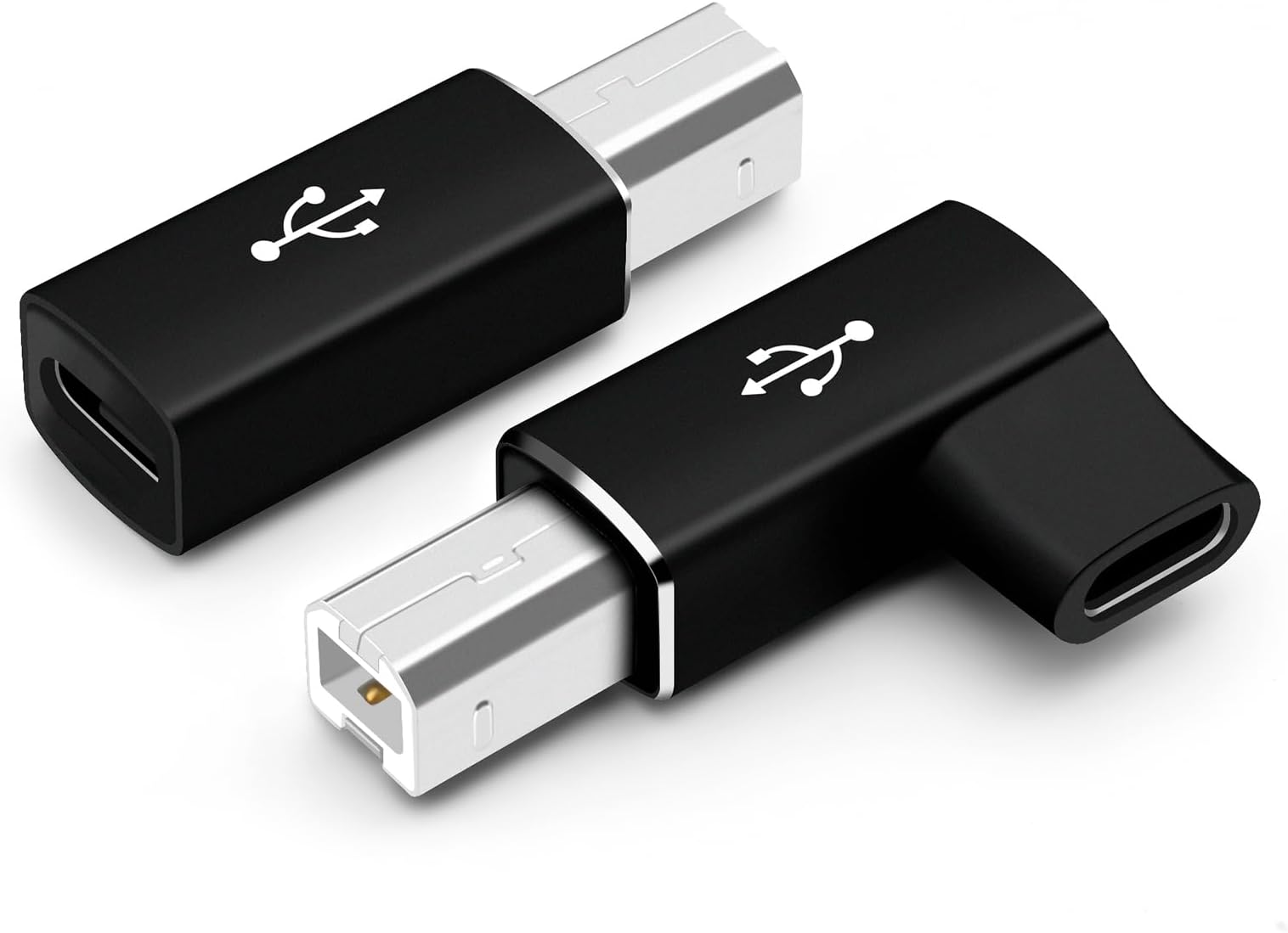 2 Pack USB C to Printer Adapter, Straight and 90 Degree Curves, USB-C to USB-B Conversion Plug Supports Data Synchronization Compatible with MIDI, Printer, Electric Piano, Black