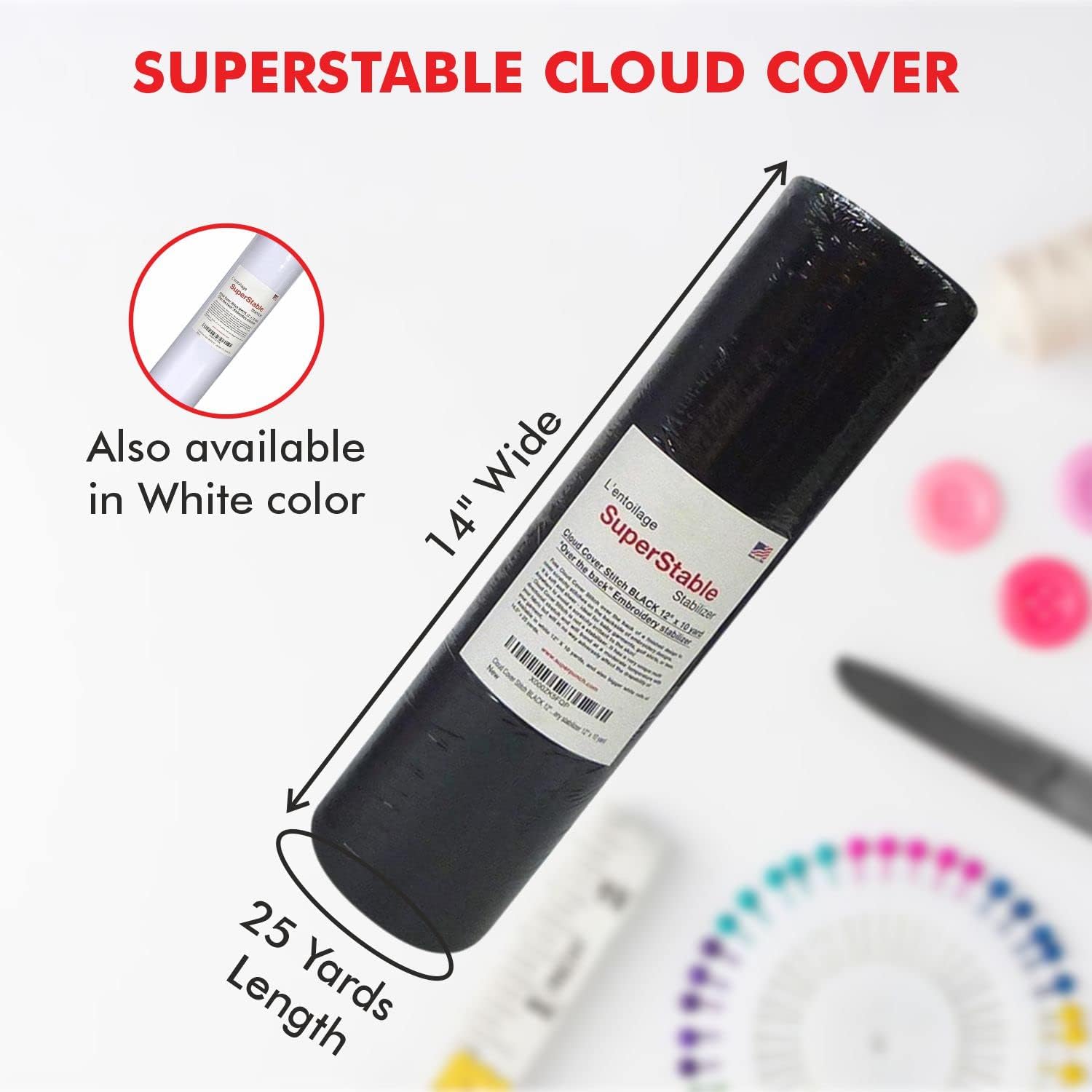 Superpunch Cloud Cover Stitch 14.5 inch x 25 Yard Roll, SuperStable Lightweight Stabilizer, Over The Back Fusible, Iron On Soft Cutaway Stabilizer for Embroidery Machines Backing - Black - Made in USA