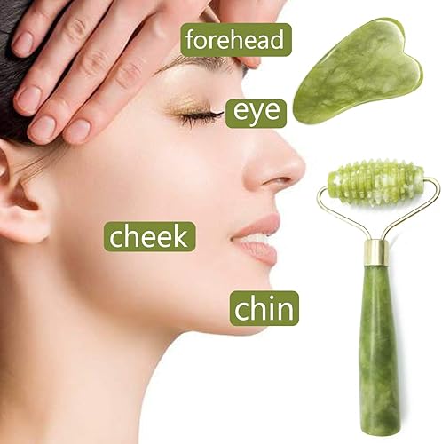 Miniatura 2 de Tihood 6 piezas Gua Sha sets 4 Pack Rodillo de Jade Rodillo Facial Ridged Roller Kits Skin Roller con 2 piezas Gua Sha Scraping Massage Herramientas