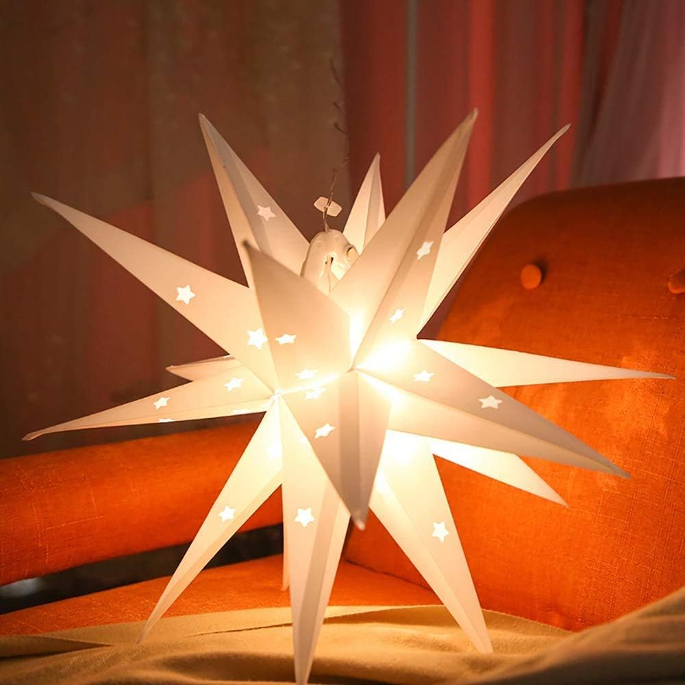 13.8" Moravian Star Light by Battery Operated, 18 Point White Christmas Star Indoor & Outdoor Hanging PVC Paper Lantern Lamp with 3D Bright White Lighted Holiday Decoration