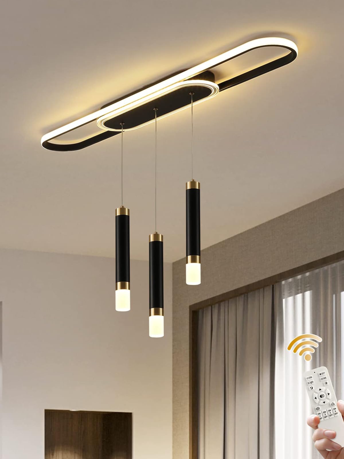 Jaycomey Modern LED Chandelier, Dimmable Acrylic 3-Light Modern Ceiling Pendant Lighting with Remote, Indoor Dining Light Fixture for Kitchen Island Living Room Restaurant Office (62W, Black)