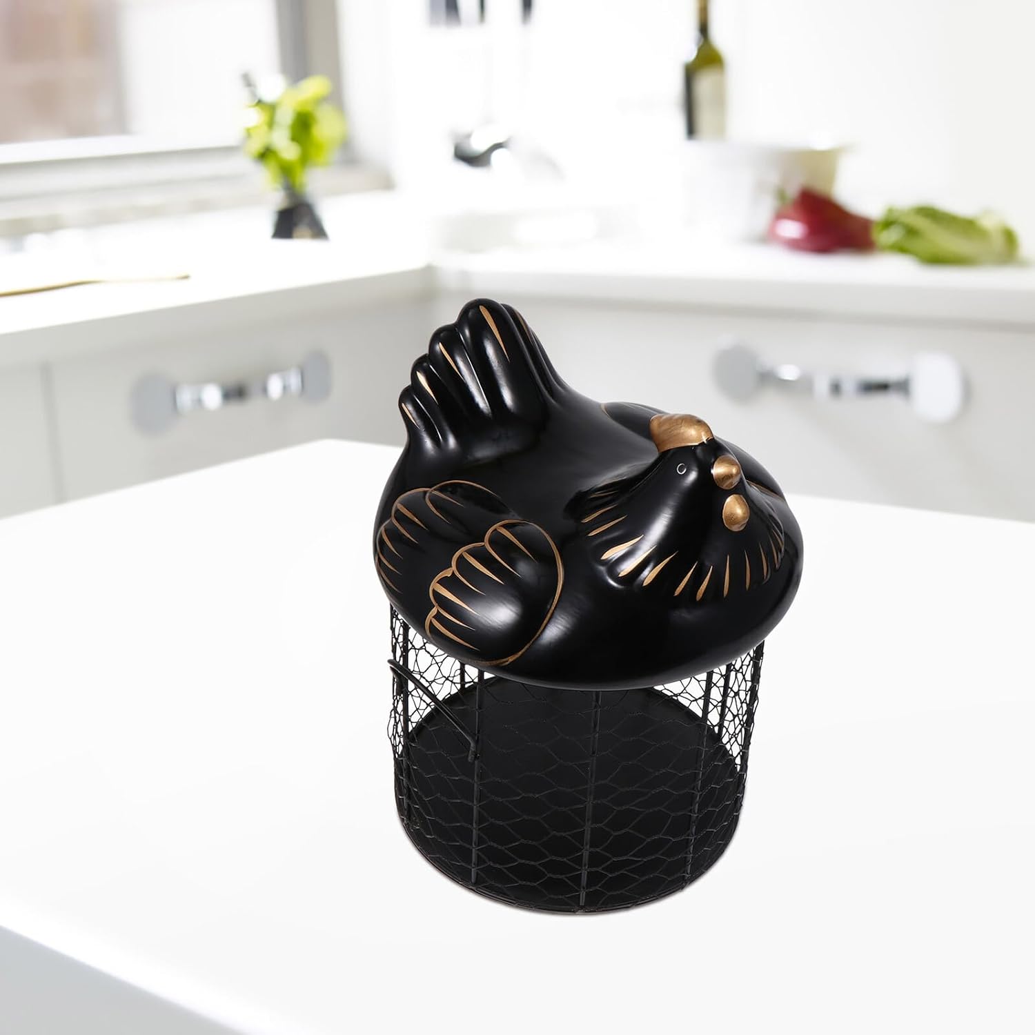 Ceramic Egg Storage Basket with Black Decorative Line, Kitchen Fruit and Household Goods Container, Southeast Asian Style Covered Storage Basket for Countertop Organization