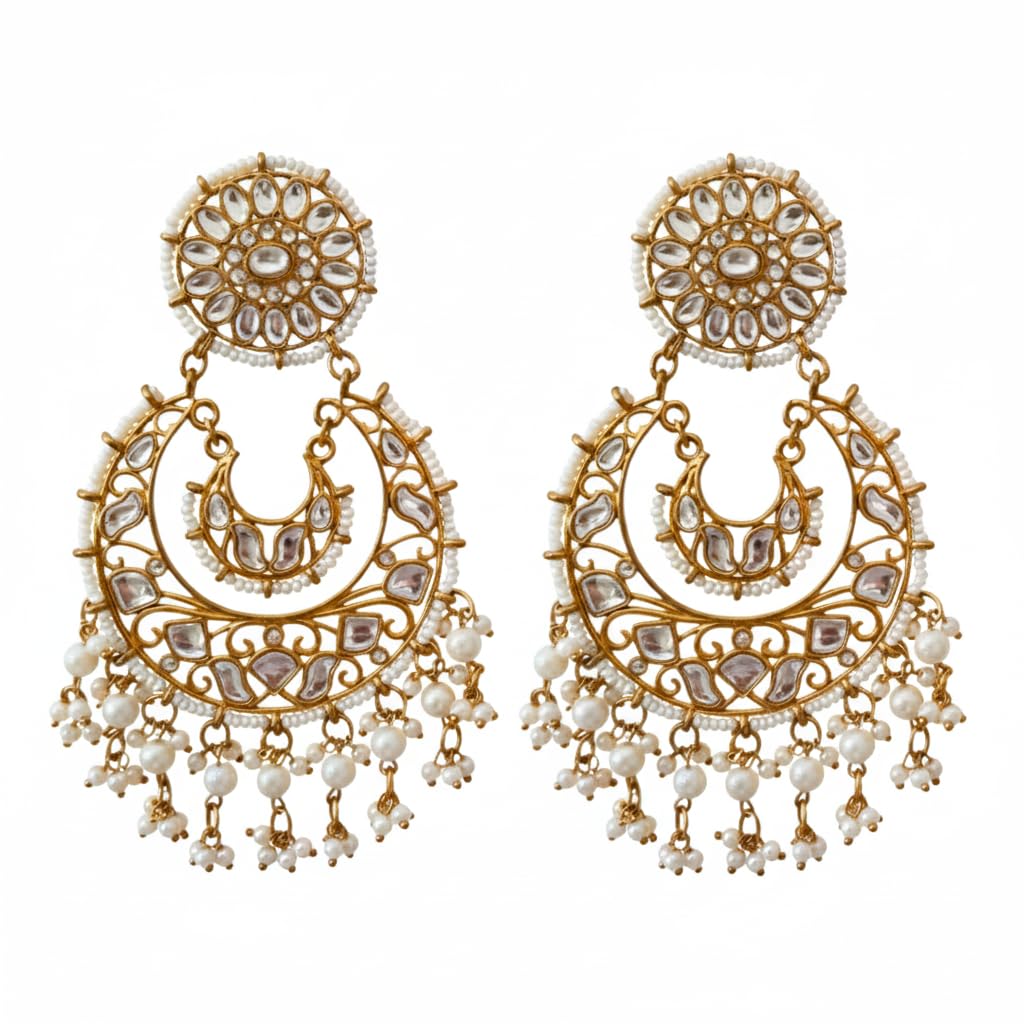 Traditional Kundan Chandbali Earrings with Heavy Pearl Drops - Antique Gold Plated Polki Dangler Jhumka for Women & Girls | Ethnic Indian Wedding Party Festive style-image-30