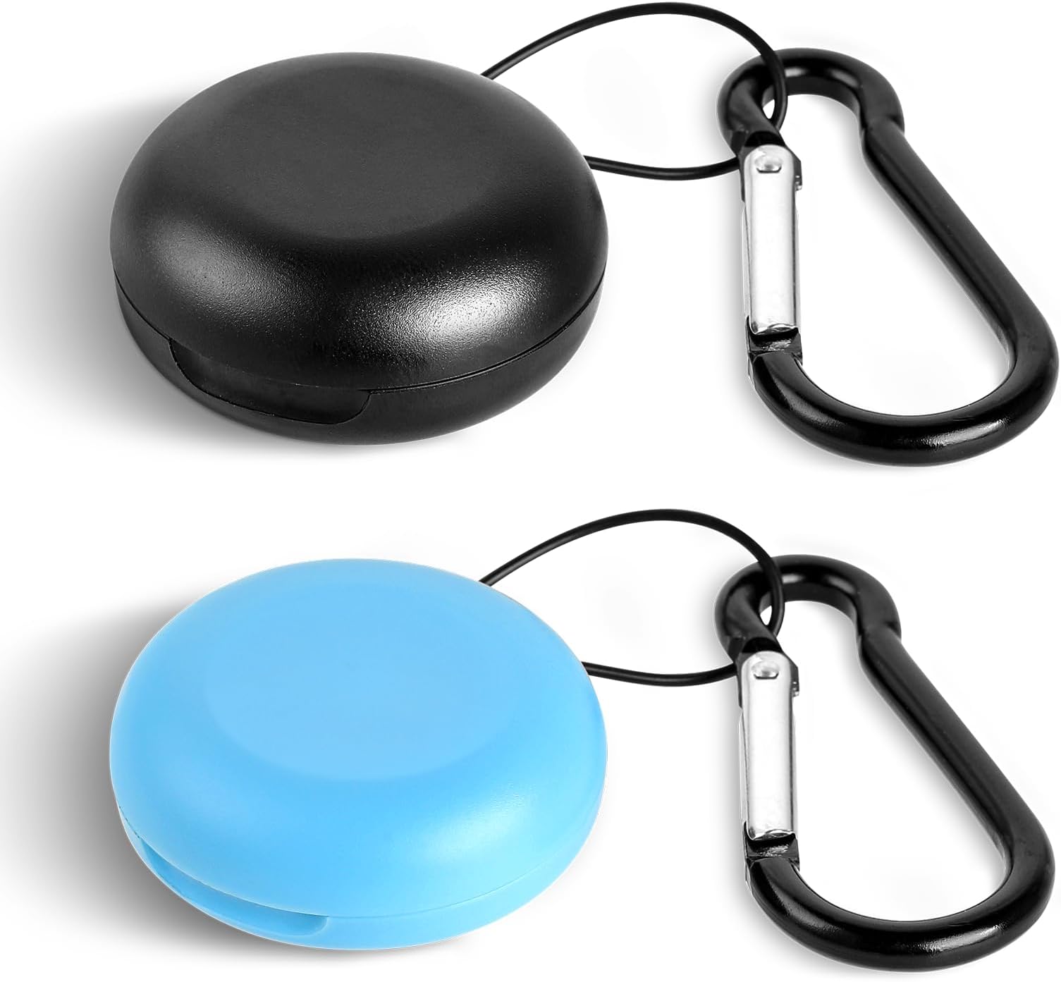 TIESOME 2 Pcs Ear Plug Case, Round ABS Plastic Earplug Holder with Keychain, Mini Storage Container for Travel, Business, Earbuds & Small Items (Black & Blue)