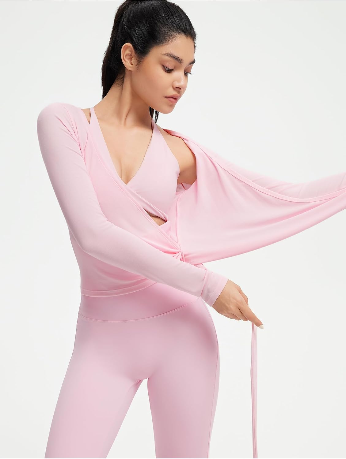 SUUKSESS Women Pilates Wrap Workout Cropped Top Ribbed Long Sleeve V Neck Tie Front Ballet Yoga Shrug Blouse