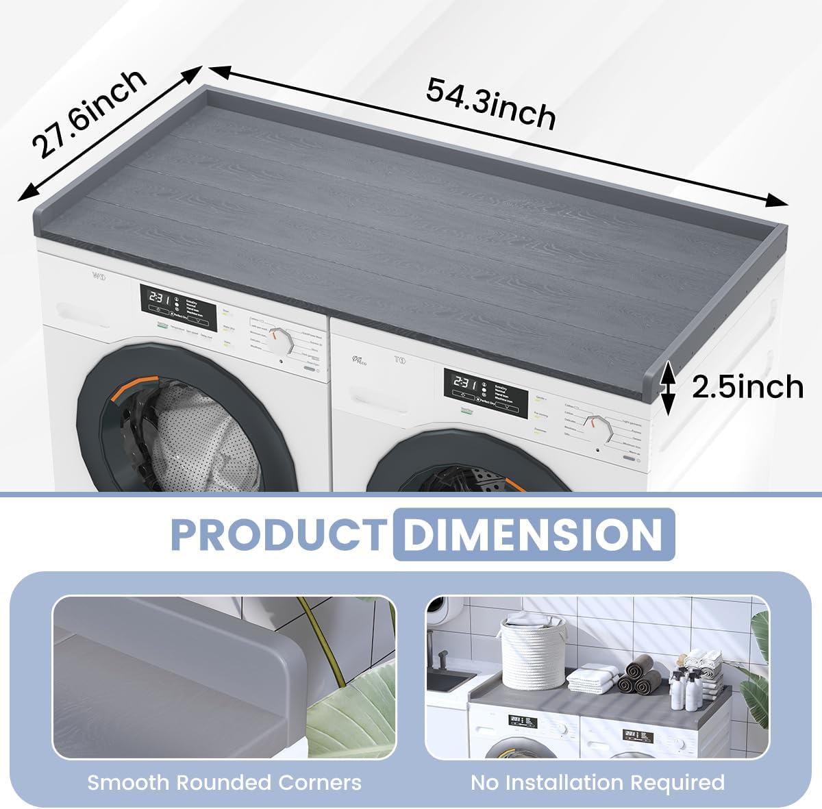 Sundale HDPE Washer Dryer Countertop, No-Installation Laundry Topper for Washer and Dryer, Waterproof Odorless Countertop for Laundry Room Storage, 27.5" x 54" (Grey)