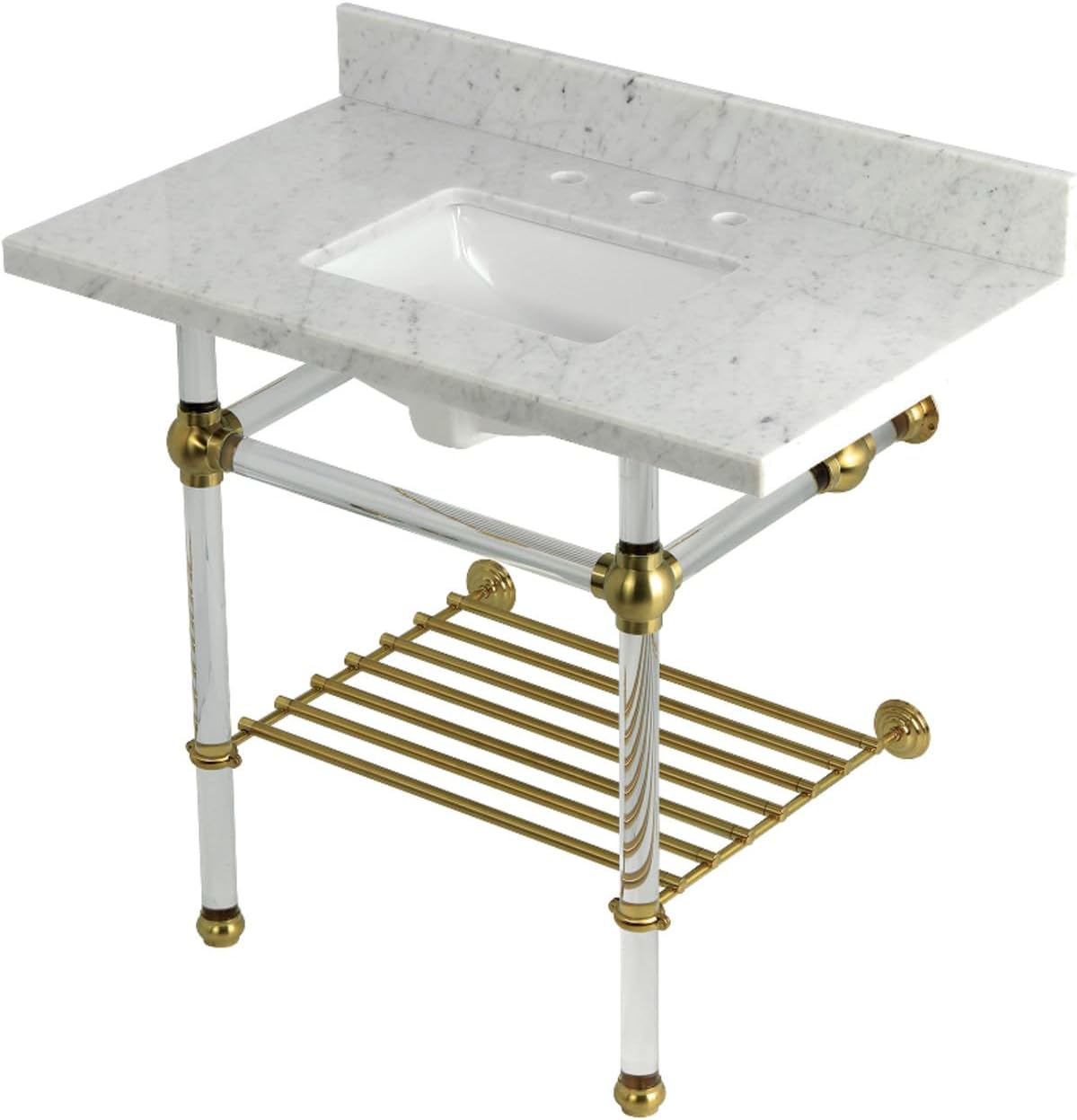 Kingston Brass KVPB3630MASQB1 Templeton 36" Console Sink with Acrylic Legs (8-Inch, 3 Hole), Carrara Marble/Polished Chrome