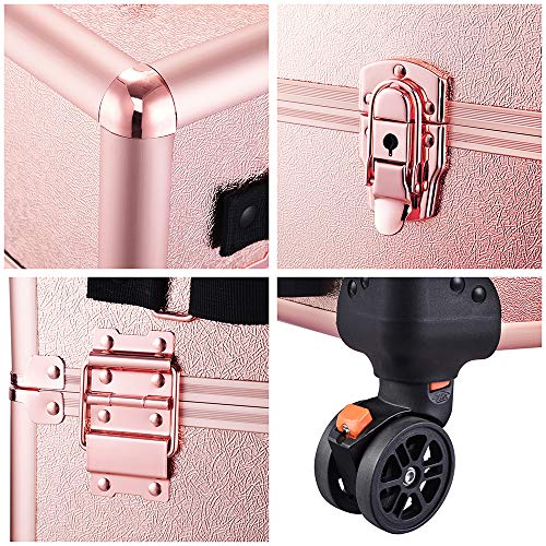 Byootique Rose Gold Rolling Makeup Case 4In1 Cosmetic Lockable Trolley Freelance Makeup Artist Travel Train Case Ajustable Handle Nail Organizer Box #TOP6