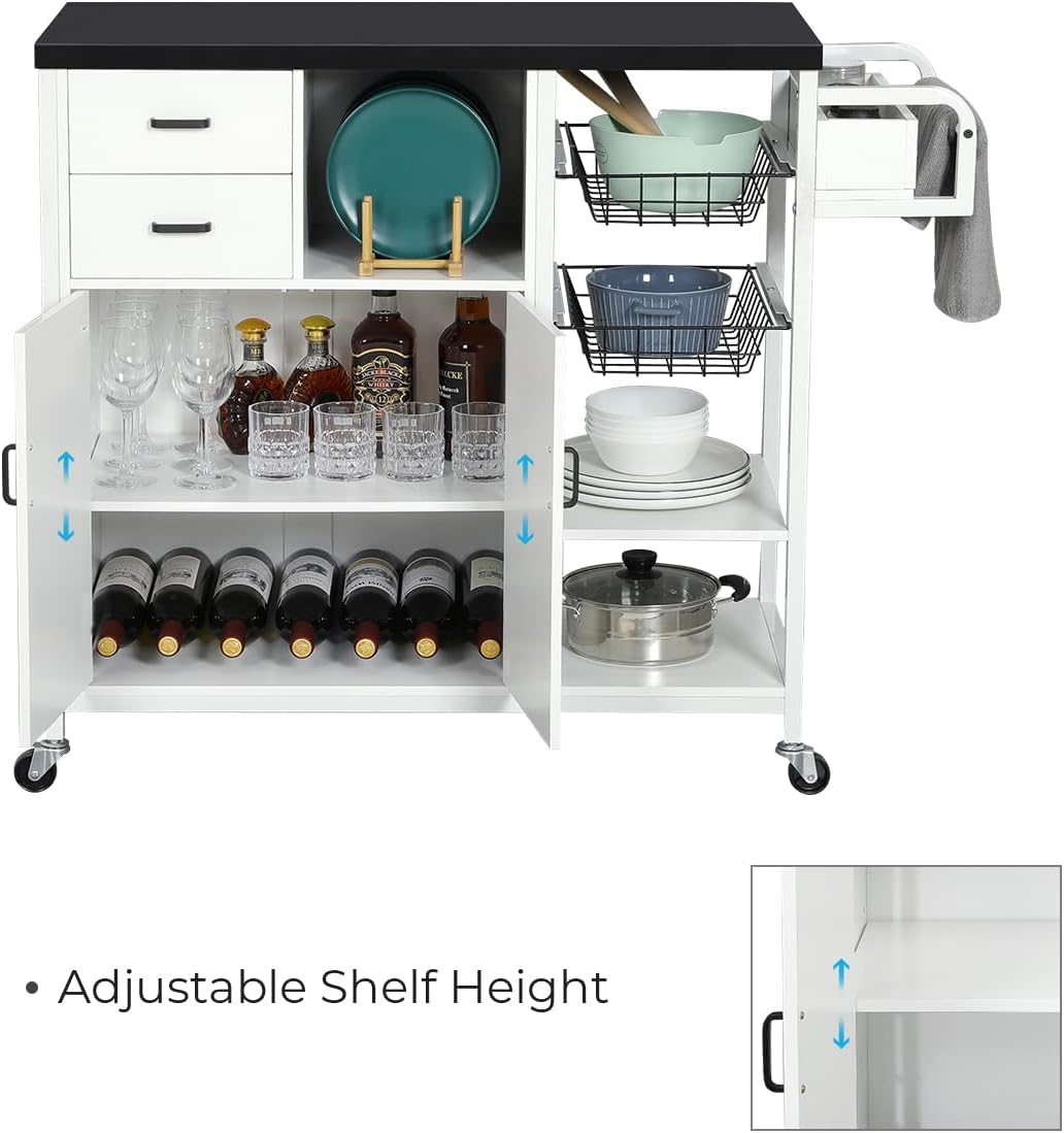 Hasuit Kitchen Island Cart on Wheels, Rolling Kitchen Island with Cabinet, Kitchen Cart with Drawers, Spice Rack, Basket and Shelves, Black