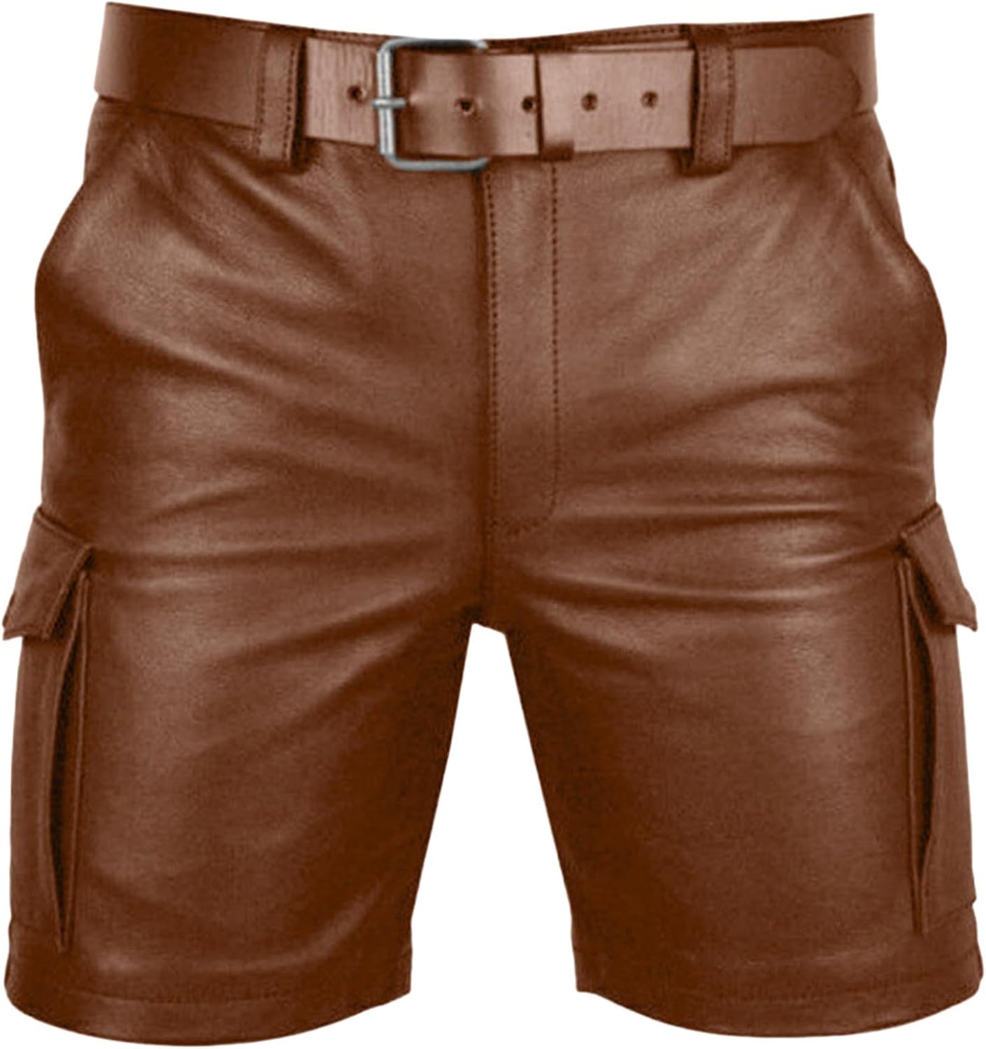 Leather Shorts for Men's Retro Cargo Shorts with Pockets Solid Color Party Biker Short Button Fly Pants