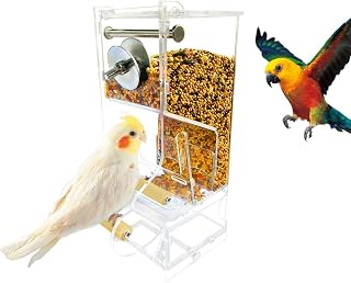 No Mess Automatic Bird Feeder, Food Container Cage Acrylic Parrot Feeder Accessories with 2 Safe Bird Perches for Small and Medium Birds Parrot Cockatoo Canary