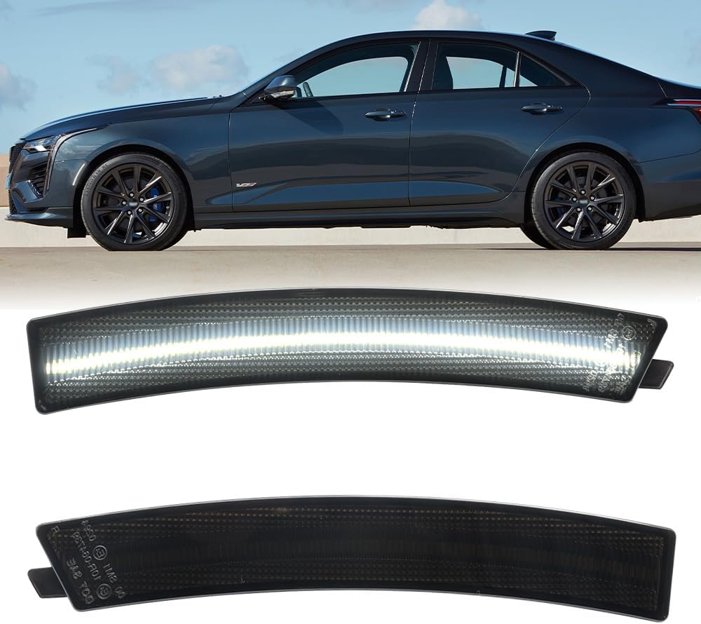 nsautolighting LED Side Marker Light Replacement for 2020 2021 2022 2023+ Cadillac CT4 Super Bright White Full Front Bumper Sidemarker Lamp Kit Left & Right OEM 84768192 Smoked Lens