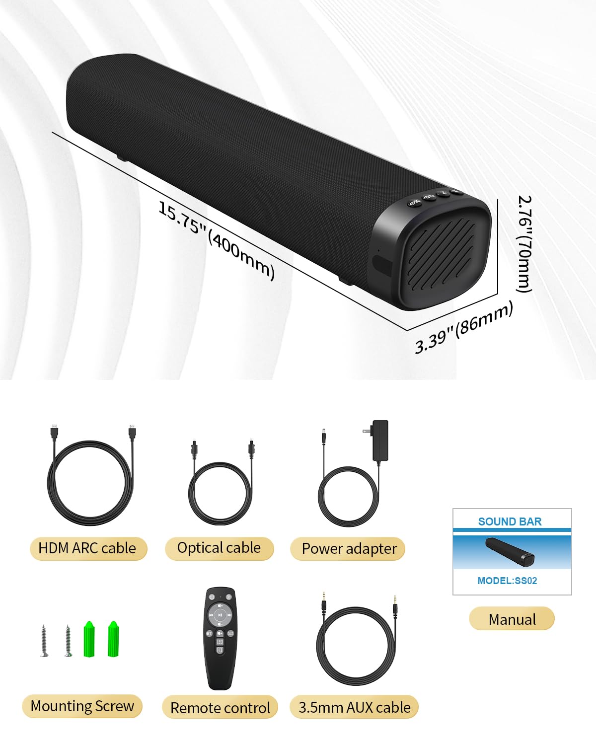 Barre de son pour Smart TV, barre de son, barre de son Bluetooth, avec optique/AUX/HD ARC, haut-parleurs Surround, système de son surround pour TV/PC/jeux/projecteurs, barre de son PC à