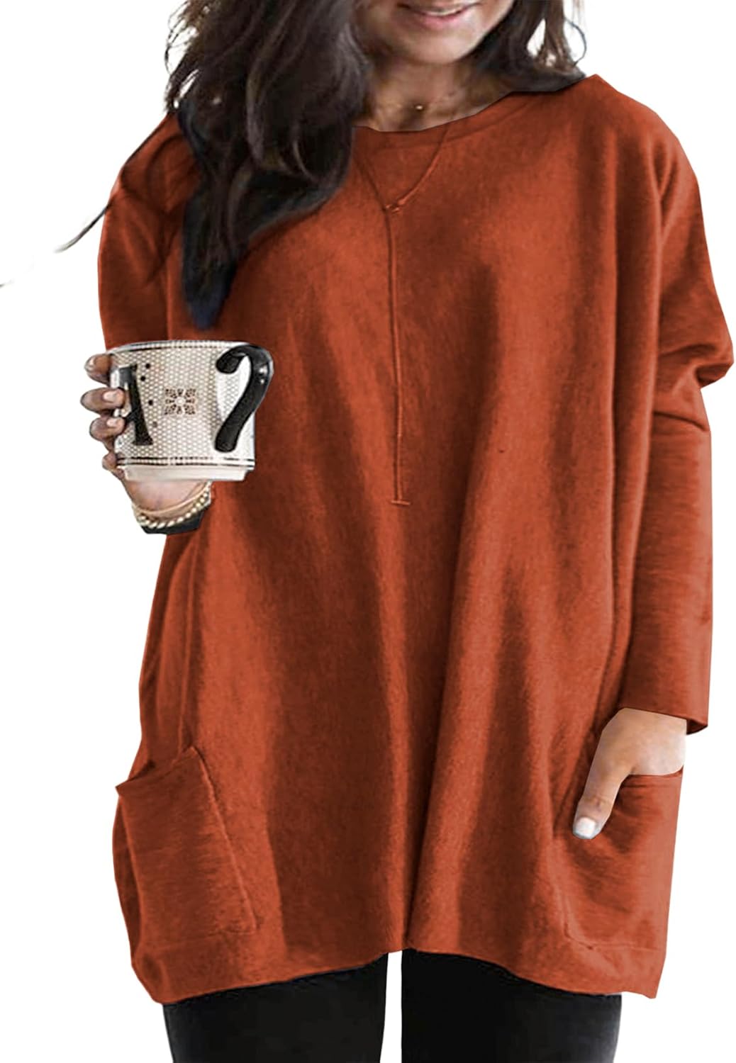 Eytino Womens Plus Size Long Sleeve Tops Crewneck Lightweight Sweatshirt Loose Casual Oversized T Shirts with Pockets(1X-5X)